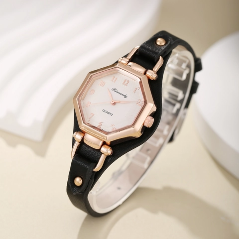 Montre À Quartz Pour Femme Boîtier Hexagonal En Alliage Or Rose Bracelet En Similicuir Avec Rivets Métalliques Style Punk Mode