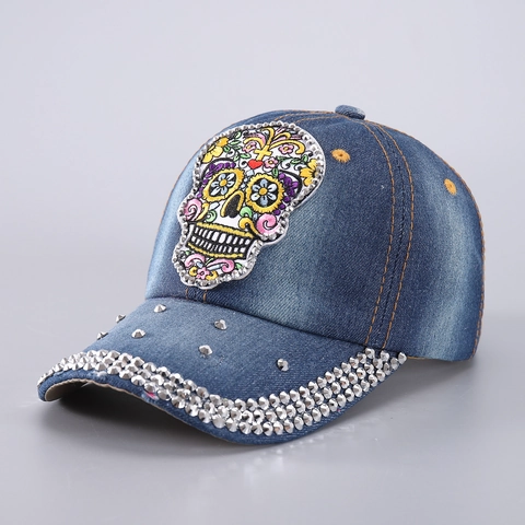Casquette De Baseball En Jean Avec Strass Rivets Applique Crâne Mexicain Réglable Style Punk Hip Hop Mode