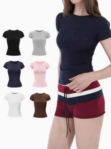 Women Slim Fit Short Sleeve T-Shirt Crew Neck Ribbed Knit Solid Color Elastic Basic Top American Street Style