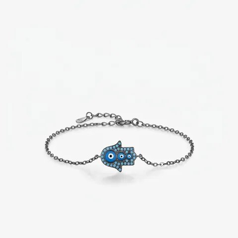 Bracciale Con Ciondolo Mano Di Hamsa Malocchio Argento Sterling 925 Zirconia Blu Gioielli Retro Regolabili Donna