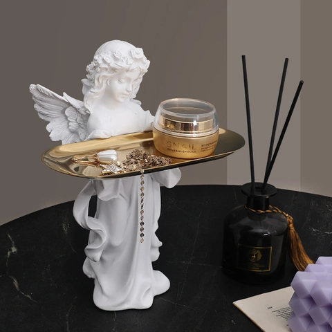 Praying Angel Statue Decorative Tray Resin Figurine Entryway Key Holder Desktop Jewelry Organizer European Retro Ornament