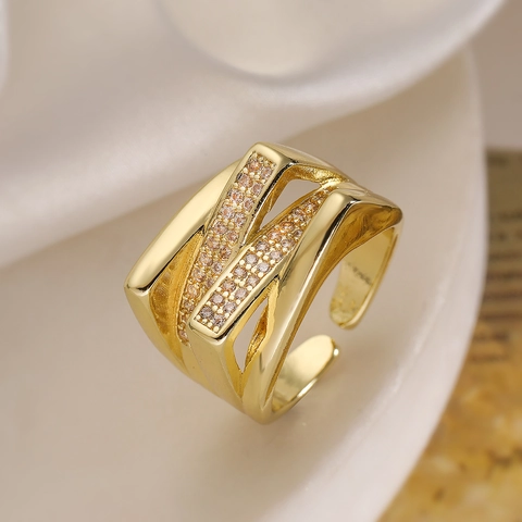 Adjustable Geometric Open Ring Copper Gold Plated Interlaced Hollow Micro Set Cubic Zirconia Elegant Fashion Jewelry Women