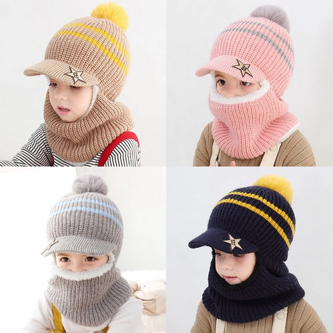 Cagoule Tricotée Pour Enfants Bonnet À Capuche Cache-Col Épais Doublé De Peluche Protection Oreilles Hiver Pompon Étoile