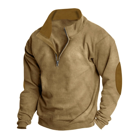Men's Casual Half Zip Stand Collar Sweatshirt With Elbow Patches Outdoor Long Sleeve Pullover Top Basic Color Block Jumper