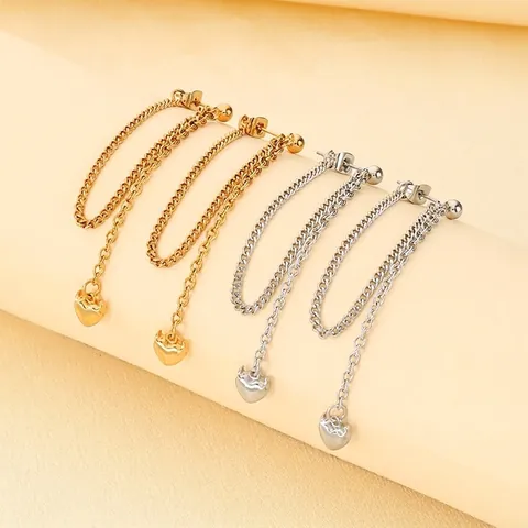 Orecchini Pendenti A Cuore In Acciaio Inossidabile Catena Lunga Con Nappa Placcato Oro 18K Gioielli Da Donna