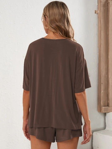 Ropa De Descanso Para Mujer Viscosa Elastano Camiseta De Manga Corta Y Pantalones Cortos Color Liso Casual