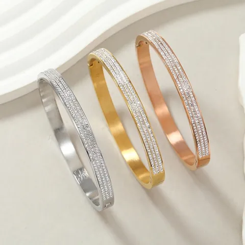 Brazalete de Acero Inoxidable con Triple Fila de Strass para Mujer Moda Elegante Oro Plata Oro Rosa Joyería de Cristal