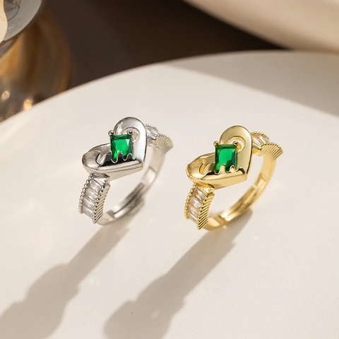 Mode Edelstahl Herz Offener Ring Für Damen Grüner Strass Eingelegt Gold Silber Galvanisiert Eleganter Pendlerschmuck