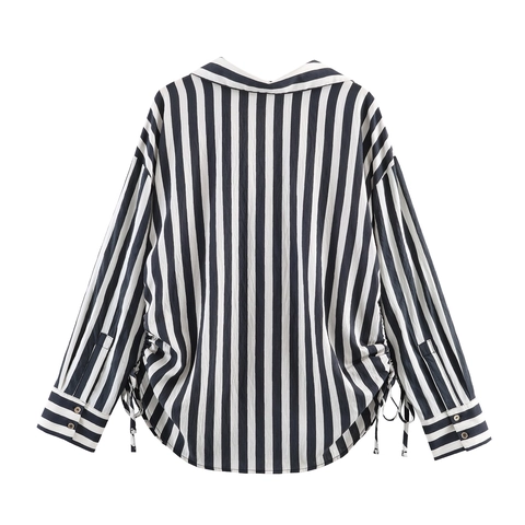 Dames Gestreepte Overhemd Met Lange Mouwen Polyester Casual Geplooid Trekkoord Aan De Zijkant Blouse Met Kraag