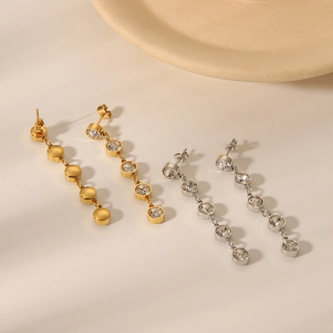 Μακριά Σκουλαρίκια Από Ανοξείδωτο Χάλυβα 18K Επιχρυσωμένα Στρογγυλά Ζιργκόν Φούντα Μόδα Κοσμήματα Για Γυναίκες