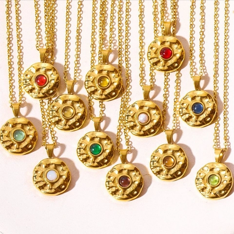 Collana Con Pendente Pietra Di Nascita Acciaio Inossidabile Placcato Oro Martellato Medaglione Moneta Tonda Gioielli Vintage Donna