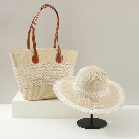 Straw Tote Bag And Wide Brim Sun Hat Woven Beach Shoulder Handbag Summer Vacation Fashion Accessory For Women