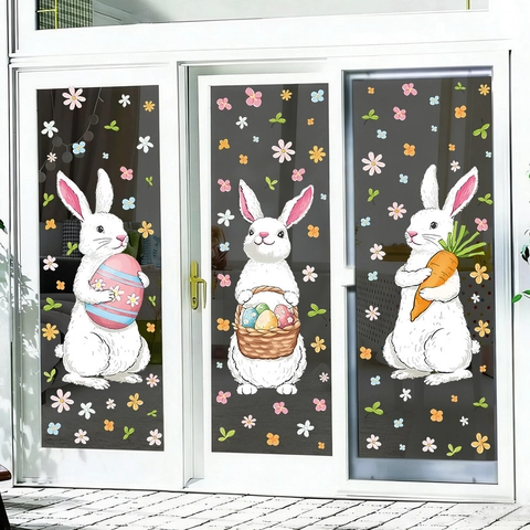Osterhasen Eier Statische Fensterbilder Bunte Cartoon Hase Karotte Blumen Aufkleber Für Glasfenster Party Haus Deko