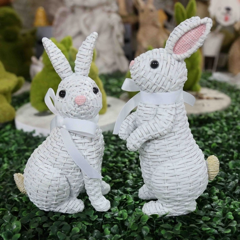 European Garden Resin Rabbit Ornament Rattan Effect Bunny Figurine With White Bowknot For Easter Home Kids Room Decor