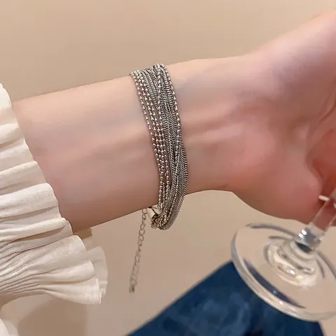 Mehrlagiges Kupferkettenarmband Für Damen Versilbert Minimalistisches Geometrisches Perlenlink Verstellbarer Modeschmuck