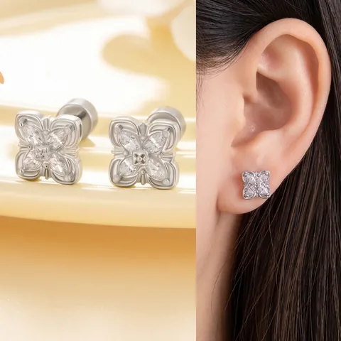 Flower Cartilage Stud Earring Titanium Steel Threaded Pole Marquise Zircon Four Petal Flat Back Screw Head Jewelry Women