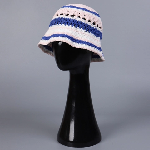 Handmade Cotton Crochet Bucket Hat Striped Hollow Knit Sun Protection Foldable Casual Vintage Accessories For Women