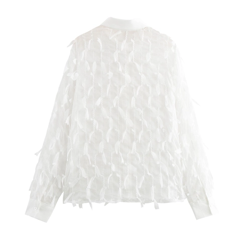 Elegante Blusa Blanca Para Mujer Manga Larga Cuello De Solapa Botones Con Detalle De Flecos Y Borlas Color Sólido Ajuste Holgado