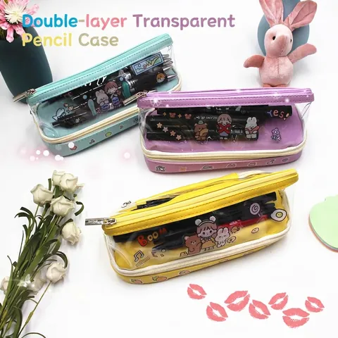 Zweistöckiges Federmäppchen Große Kapazität PU PVC Transparent Schreibwarentasche Für Schüler Niedliches Cartoon Design