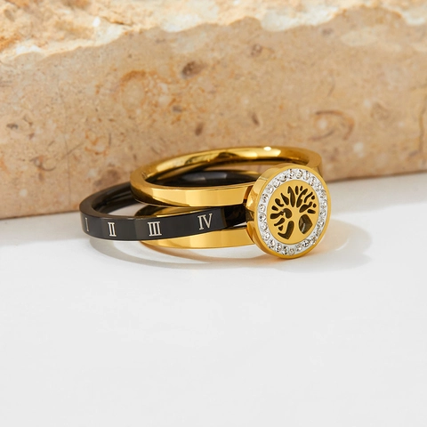 Tree Of Life Stainless Steel Ring For Women Roman Numerals Hollow Round Zircon Inlaid Fashion Versatile Jewelry