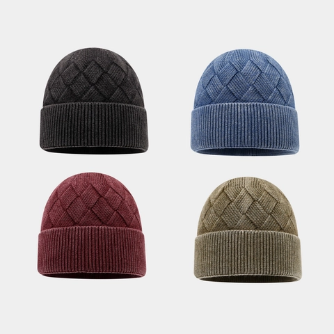 Winter Knit Beanie Hat Thick Warm Diamond Cable Pattern Ribbed Cuff Outdoor Casual Skull Cap Women Men