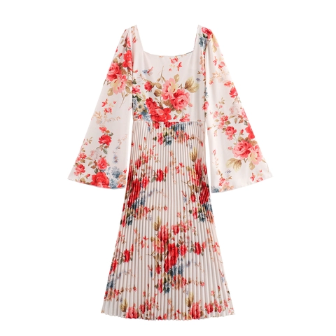 Elegant Floral Print Maxi Dress Polyester Pleated Square Neck Long Sleeve French Retro Style Long Dress For Women