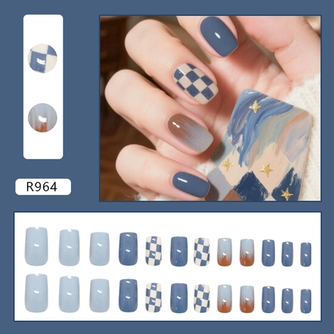 Uñas Postizas Cuadradas Redondeadas Diseño De Tablero Azul Retro Degradado Marrón Azul Morandi Plástico ABS Brillante Puntas De Uñas Manicura