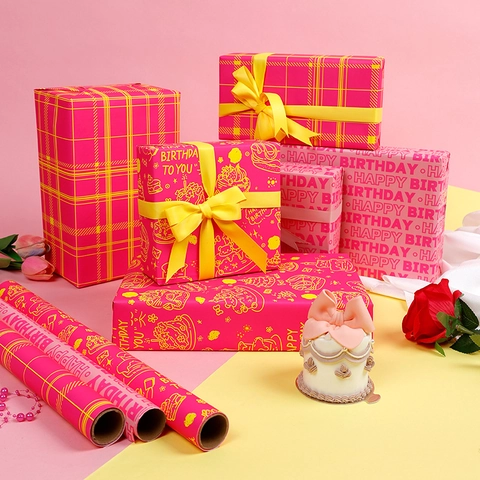 Birthday Gift Wrapping Paper Roll Fluorescent Copperplate Paper Happy Birthday Party Decoration Patterned Wrap Rolls