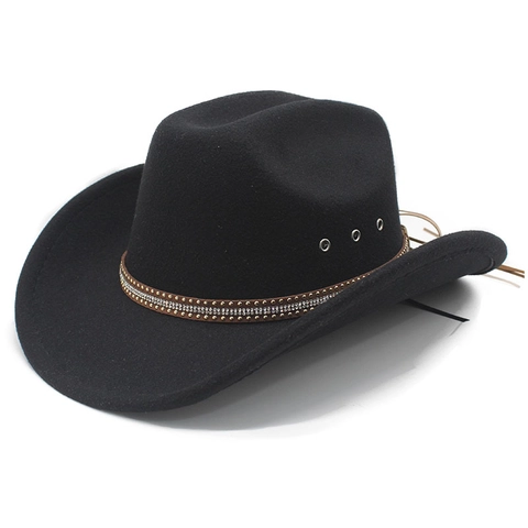 Chapeau De Cow-Boy Western En Feutre De Laine À Bord Large Avec Bande De Strass Et Rivets Et Glands