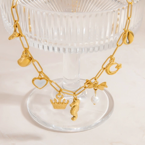Collana Con Catena A Graffetta In Acciaio Inossidabile Placcato Oro Con Ciondoli A Forma Di Cavalluccio Marino Cuore Perla Artificial Per Donna