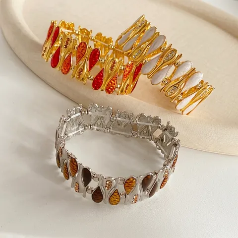 Bracciale Elastico Largo In Lega Smalto Strass Goccia D'acqua Vintage Gioielli Stile Boho Retrò Da Donna