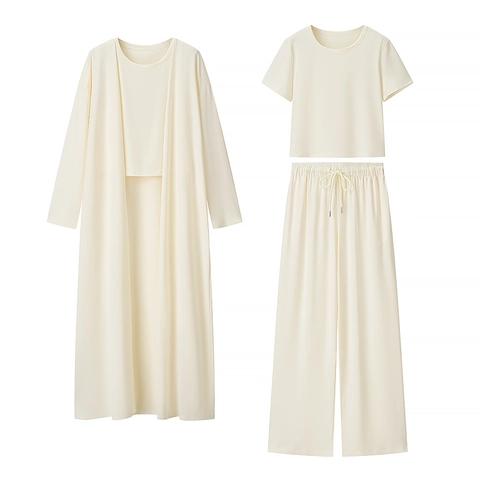 Women Loungewear Long Cardigan Short Sleeve T-Shirt And Drawstring Wide Leg Pants Solid Color Knitted Polyester