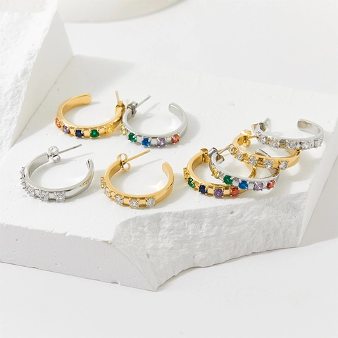 Pendientes De Aro En Forma De C De Acero Inoxidable Con Circonitas De Colores Joyería Geométrica Para Mujeres