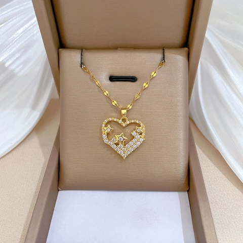Herz Stern Halskette Gold Edelstahlkette Kupfer Zirkonia Anhänger Luxus Elegant Schlüsselbein Schmuck Für Frauen