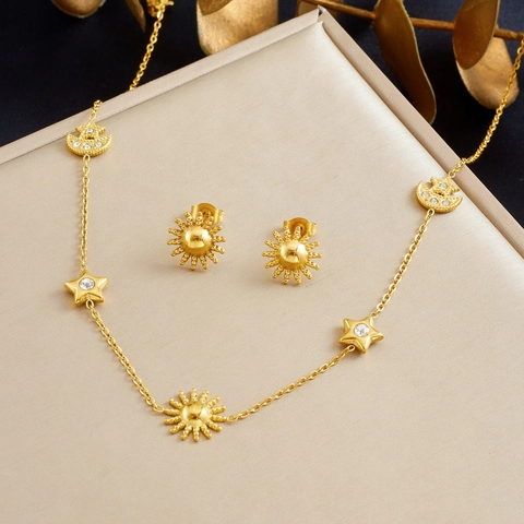 Set Gioielli Sole Luna Stella Placcato Oro Acciaio Inossidabile Strass Celeste Collana Orecchini Elegante Donna Regalo