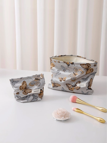 Borsa Da Toilette Con Stampa Farfalle Tessuto Jacquard Vintage Pochette Trucco Viaggio Grande Capacità Per Donne