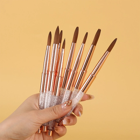 Professionele Nail Art Penselen Nylon Borstelharen Roségoud Metaal Acryl Handvat Met Kristallen Steentjes Voor Manicure Carving Gradiënt