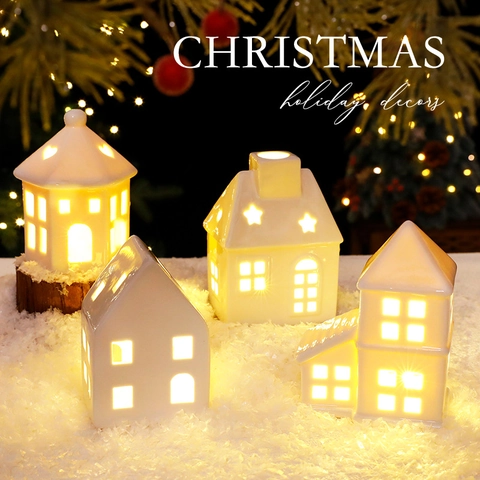 Christmas Ceramic Glowing House Ornament LED Night Light Desktop Decor For Holiday Party Home Decoration Warm Light