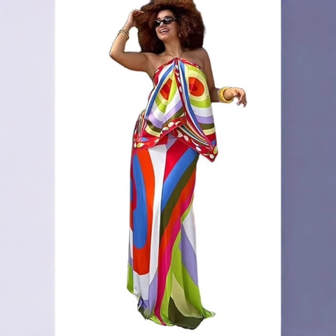 Bunter Gestreifter Satin Maxirock Damen Hohe Taille Figurbetont Langer Rock Urlaub Künstlerisch Elegant Glattes Polyester
