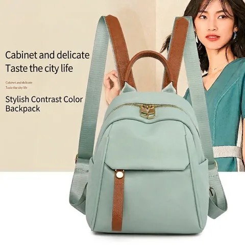 Women Mini Nylon Backpack Casual Lightweight Contrast Color Travel School Daypack With Faux Leather Trim Golden Hardware