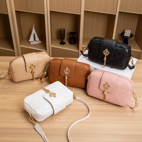 Women PU Leather Crossbody Bag Small Square Mobile Phone Pouch Cartoon Embossed With Gold Crown Tassel Lock Closure