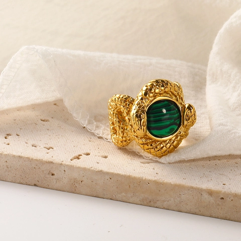 Vintage Palace Style Snake Wrap Ring Titanium Steel Inlaid Turquoise Malachite Blue Goldstone Royal Gold Plated Jewelry For Women