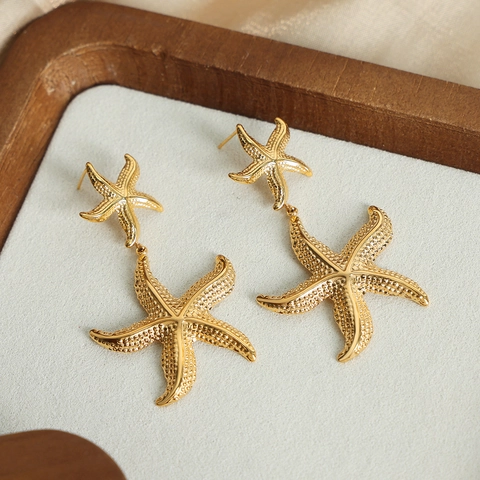 Fashion Titanium Steel Gold Plated Sea Star Drop Earrings For Women Bohemian Vacation Style Geometric Starfish Jewelry Accessories