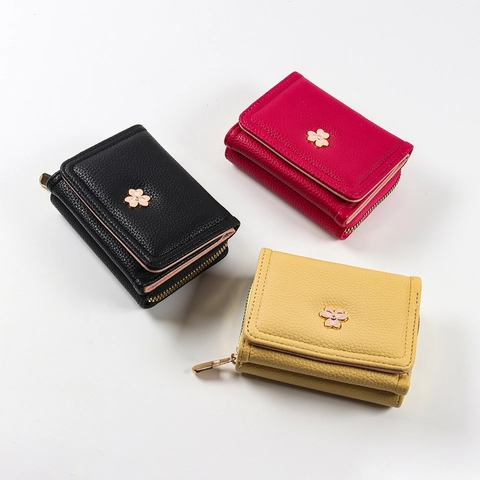Women Short Trifold Wallet Lychee Grain PU Leather Small Zipper Coin Purse With Flower Buckle Sweet Macaron Color
