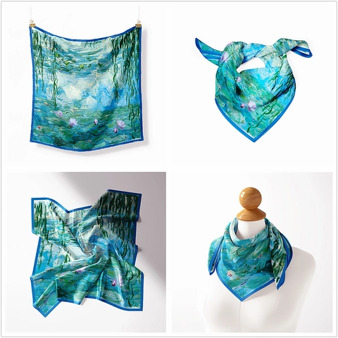 Vintage Impressionistisches Ölgemälde Monet Seerosen Satin Köper Quadrattuch Dekorativer Halsschal Für Damen Accessoires