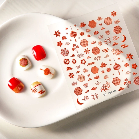 Pegatinas De Uñas Con Relieve 5D Estereoscópicas Estilo Boda Chino Rojo Oro Linterna Nube Flor De Ciruelo Calcomanías De Manicura Para Mujeres