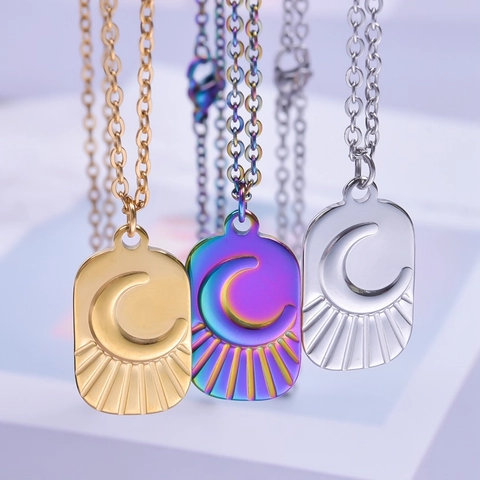 Punk Stainless Steel Moon Sun Pendant Necklace For Women Men Gold Silver Iridescent Celestial Oval Tag Necklace Jewelry Gift
