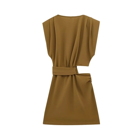 Women Sleeveless Cut Out Mini Dress Elegant Polyester Pleated Shoulder Round Neck Solid Color Chic Party Lady Outfit