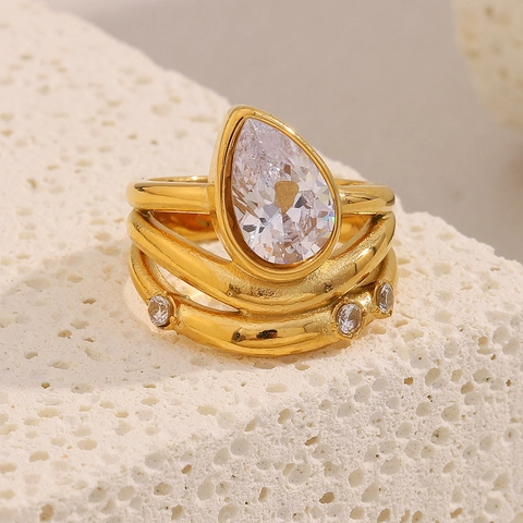 18K Gold Plated Stainless Steel Waterdrop Zirconia Ring Multi Layer Wrap Design Chic Trendy Jewelry For Women