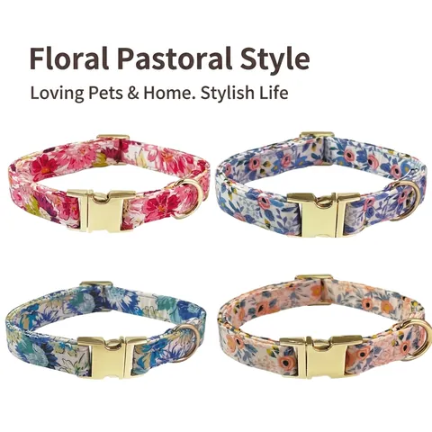 Floral Pet Dog Collar And Leash Cotton Fabric Adjustable Gold Metal Buckle Floral Pattern For Small Medium Dogs Cats